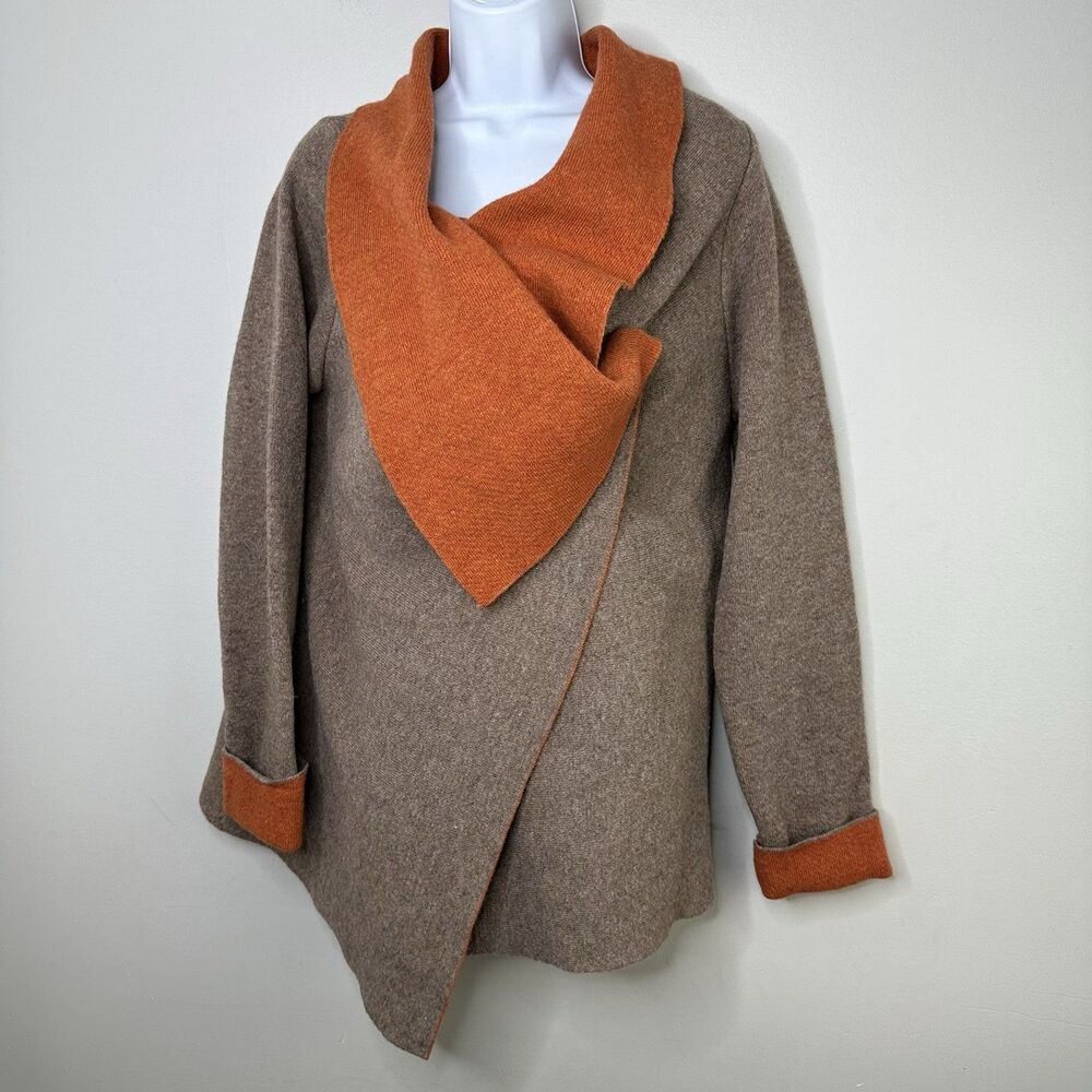 Aida Cardigan Sweater Women Large Wool Blend Open Front Asymmetrical Taupe Italy